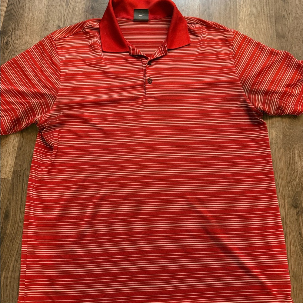 Nike Golf Dri-FIT Polo Shirt Red White Striped Short Sleeve Mens Large